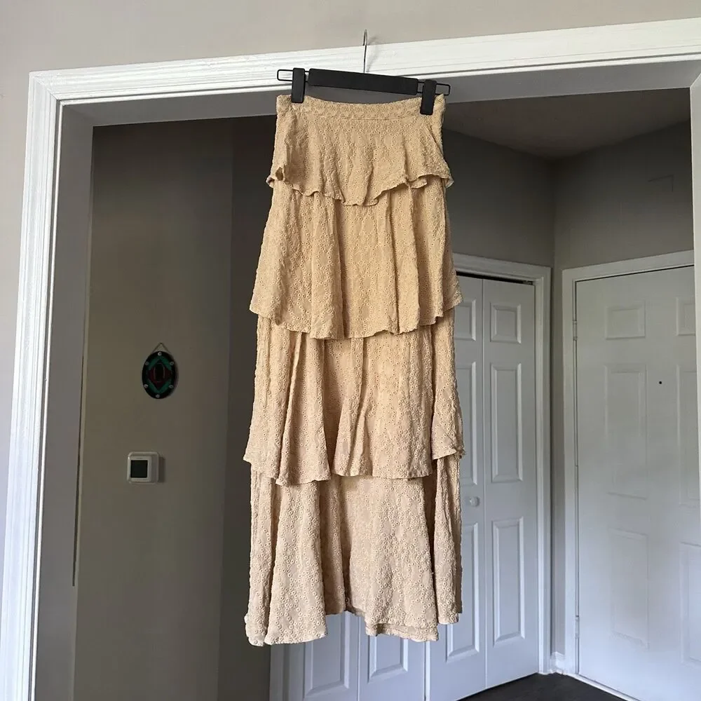 SUNDRESS  Adria Skirt in Georgette Canyon Women’s Layered Tan Maxi XS Tiered